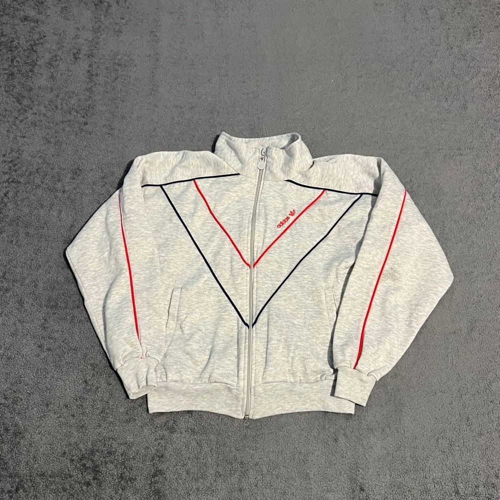 Vintage 80s Adidas Mens Track Jacket Gray Red Chevron Trefoil Full Zip Medium